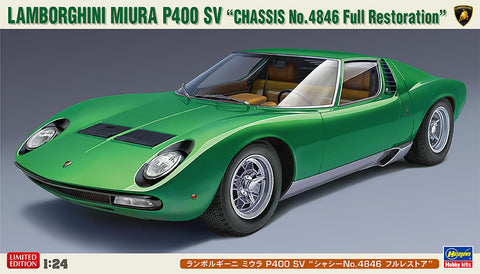 A Hasegawa 1/24 Lamborghini Miura P400 SV "CHASSIS No.4846 Full Restoration" priced at $38.99 available from Echelon Hobbies