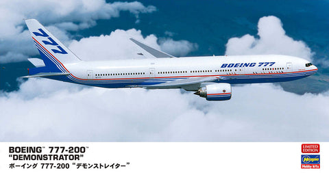 A Hasegawa 1/200 Boeing 777-200 "DEMONSTRATOR" priced at $37.25 available from Echelon Hobbies