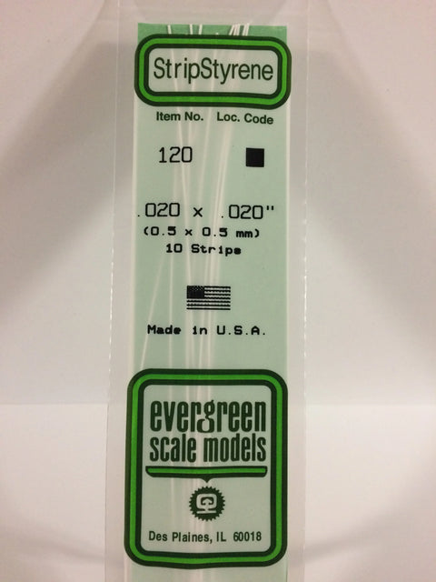 A 120 - .020" X .020" OPAQUE WHITE POLYSTYRENE STRIP 10/pk priced at $6.49 available from Echelon Hobbies