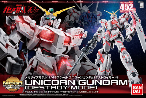 A Bandai Mega Size Model 1/48 Unicorn Gundam Destroy Mode priced at $163.49 available from Echelon Hobbies