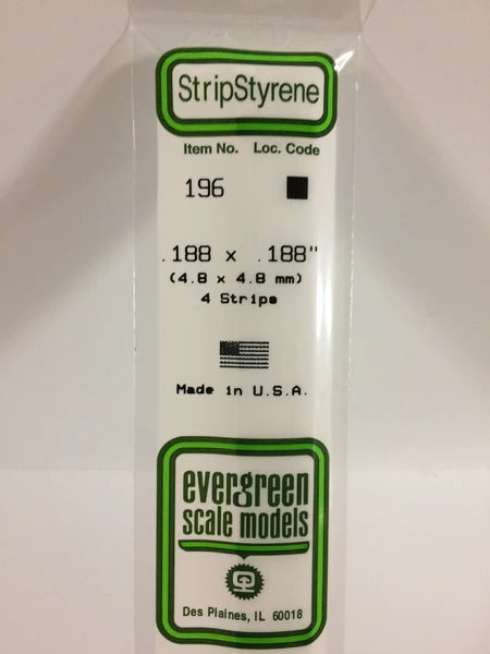 A 196 - .188" X .188" OPAQUE WHITE POLYSTYRENE STRIP 4/pk priced at $5.99 available from Echelon Hobbies