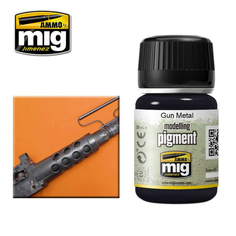 A Ammo Mig Gun Metal Pigment priced at $8.99 available from Echelon Hobbies