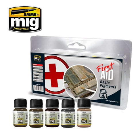 A Ammo Mig First Aid Basic Pigment Set priced at $41.49 available from Echelon Hobbies