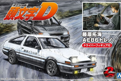 A Aoshima 1/24 INITIAL D FUJIWARA TAKUMI AE86 TRUENO (PROJECT-D Ver) w/ Figure priced at $49.99 available from Echelon Hobbies