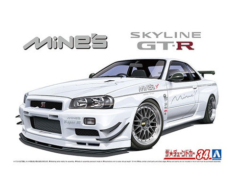 A Aoshima 1/24 Nissan Mine's BNR34 Skyline GT-R '02 priced at $35.34 available from Echelon Hobbies