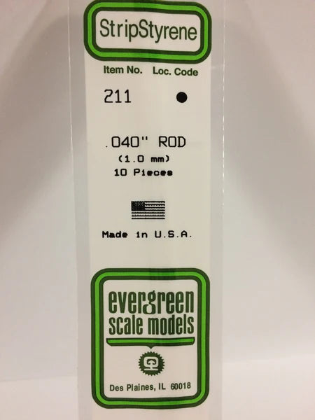 A 211 - .040" (1.0MM) OD WHITE POLYSTYRENE ROD 10/pk priced at $5.99 available from Echelon Hobbies