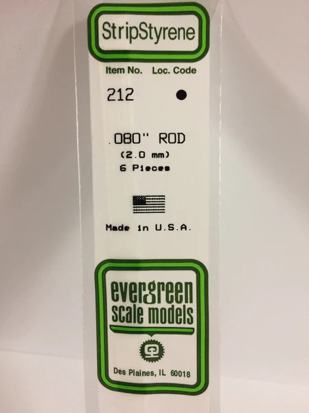 A 212 - .080" (2.0MM) OD WHITE POLYSTYRENE ROD 6/pk priced at $5.99 available from Echelon Hobbies