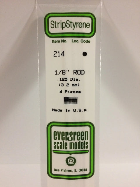 A 214 - .125" (3.2MM) OD WHITE POLYSTYRENE ROD 4/pk priced at $5.99 available from Echelon Hobbies