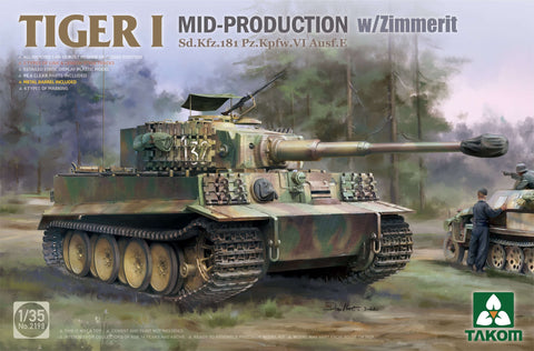 A Takom 1/35 Tiger I Mid-Production w/Zimmerit Sd.Kfz.181 Pz.Kpfw.VI Ausf.E priced at $69.99 available from Echelon Hobbies