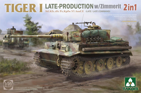 A Takom 1/35 Tiger I Late-Production w/Zimmerit Sd.Kfz.181 Pz.Kpfw.VI Ausf.E (Late/Late Command) 2 in 1 priced at $69.99 available from Echelon Hobbies