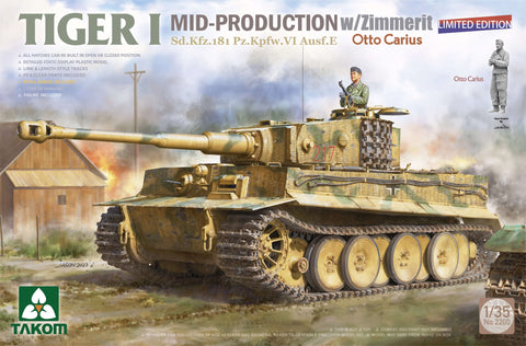 A Takom 1/35 Tiger I Mid-Production w/Zimmerit Sd.Kfz.181 Pz.Kpfw.VI Ausf.E Otto Carius (Limited edition) priced at $74.99 available from Echelon Hobbies