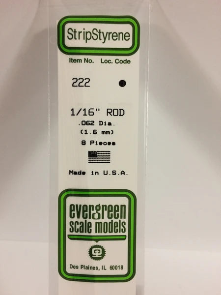 A 222 - .062" (1.6MM) OD WHITE POLYSTYRENE ROD 8/pk priced at $5.99 available from Echelon Hobbies