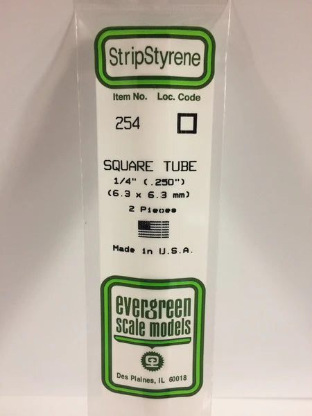 A 254 - .250" (6.3MM) OPAQUE WHITE POLYSTYRENE SQUARE TUBING 2/pk priced at $5.99 available from Echelon Hobbies