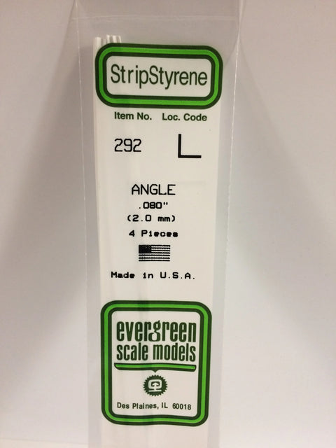 A 292 - .080" (2.0MM) OPAQUE WHITE POLYSTYRENE ANGLE 4/pk priced at $6.49 available from Echelon Hobbies