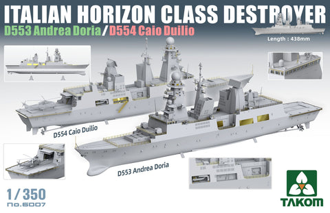 A Takom 1/350 Italian Horizon Class Destroyer D553 Andrea Doria / D554 Caio Duilio priced at $84.49 available from Echelon Hobbies