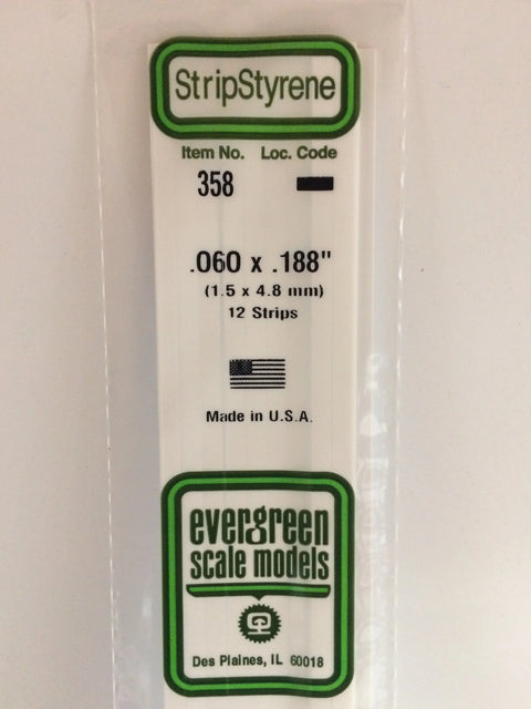 Evergreen 24" Opaque White Polystyrene Strip .060 X .188 12Pc