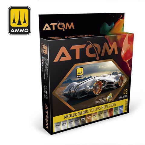 A Ammo Mig Atom Paint Sets Metallic Colors (12 paints per set) priced at $69.99 available from Echelon Hobbies