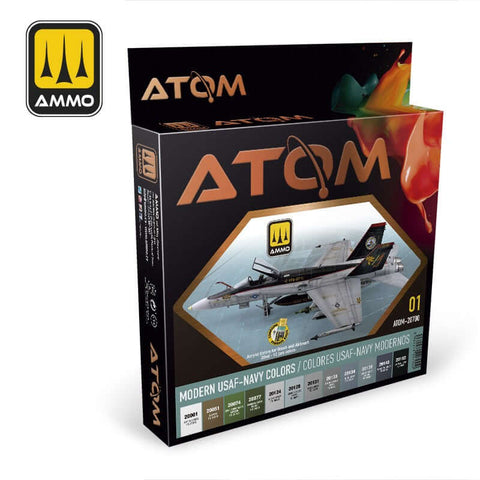 A Ammo Mig Atom Paint Sets Modern USAF-NAVY Colors (12 paints per set) priced at $69.99 available from Echelon Hobbies