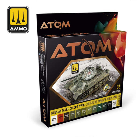 A Ammo Mig Atom Paint Sets Russian Tank Colors WWII (12 paints per set) priced at $69.99 available from Echelon Hobbies