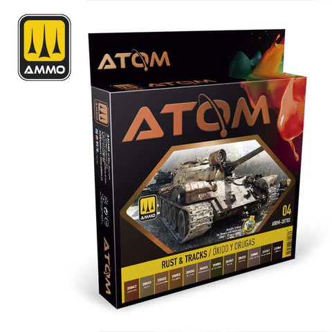 A Ammo Mig Atom Paint Sets Rust & Tracks (12 paints per set) priced at $69.99 available from Echelon Hobbies