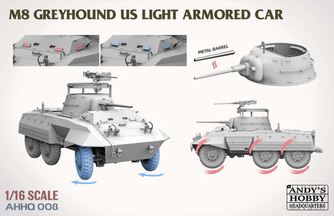 A Andy's HHQ 1/16 M8 Greyhound US Light Armored Car priced at $148.99 available from Echelon Hobbies