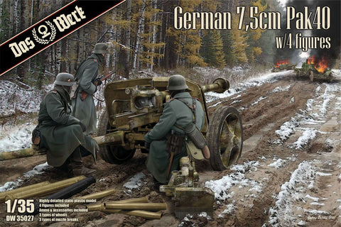 A Das Werk 1/35 German 7,5cm Pak40 w/4 Figures priced at $44.99 available from Echelon Hobbies