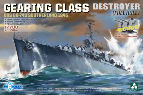 Takom 1/700 Gearing Class Destroyer USS Dd-743 Southerland 1945 (Full Hull)