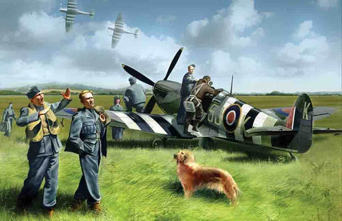 A ICM 1/48 Spitfire Mk.IX with RAF Pilots and Ground Personnel priced at $35.99 available from Echelon Hobbies