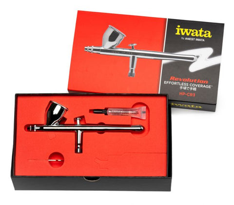 A Iwata Revolution Gravity Feed Dual Action Airbrush HP-CR3 priced at $169.99 available from Echelon Hobbies