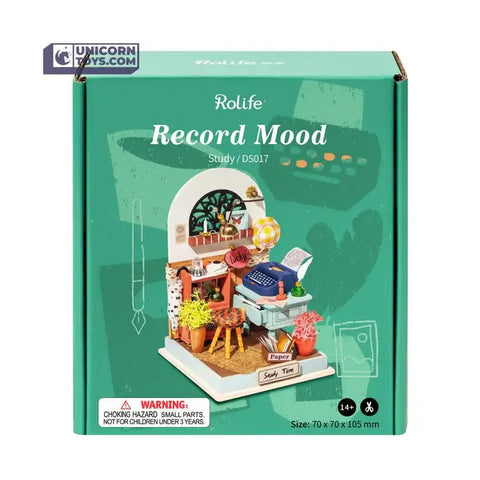 A Robotime Rolife Record Mood DIY Dollhouse Miniatures Kit priced at $19.99 available from Echelon Hobbies