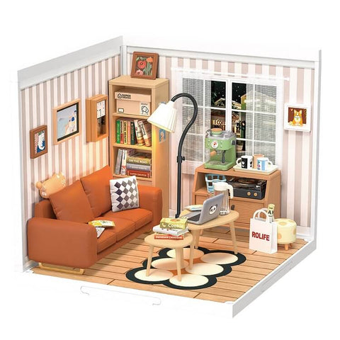 A Rolife Robotime Cozy Living Lounge Super Creator Dollhouse Miniatures Kit priced at $52.99 available from Echelon Hobbies