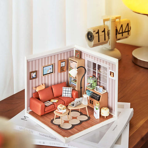 A Rolife Robotime Cozy Living Lounge Super Creator Dollhouse Miniatures Kit priced at $52.99 available from Echelon Hobbies