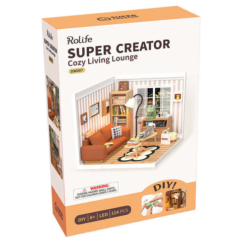 A Rolife Robotime Cozy Living Lounge Super Creator Dollhouse Miniatures Kit priced at $52.99 available from Echelon Hobbies