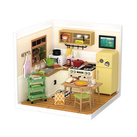 A Rolife Robotime Happy Meals Kitchen Super Creator Dollhouse Miniatures Kit priced at $52.99 available from Echelon Hobbies