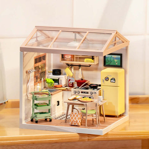 A Rolife Robotime Happy Meals Kitchen Super Creator Dollhouse Miniatures Kit priced at $52.99 available from Echelon Hobbies