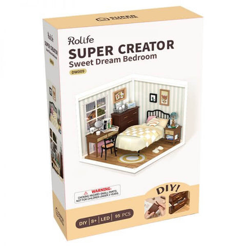 A Rolife Robotime Sweet Dream Bedroom Super Creator Dollhouse Miniatures Kit priced at $52.99 available from Echelon Hobbies