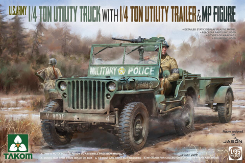 Takom 1/35 U.S. Army 1/4 Ton Utility Truck with 1/4 Ton Utility Trailer & MP Figure