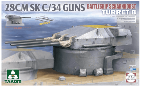 A Takom 1/72 Battleship Scharnhorst Turret B 28CMSK C/34 Guns priced at $82.99 available from Echelon Hobbies