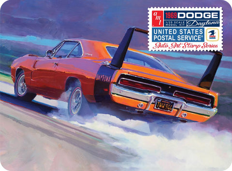 A AMT 1969 Dodge Charger Daytona (USPS Stamp Series Collector Tin) priced at $55.75 available from Echelon Hobbies