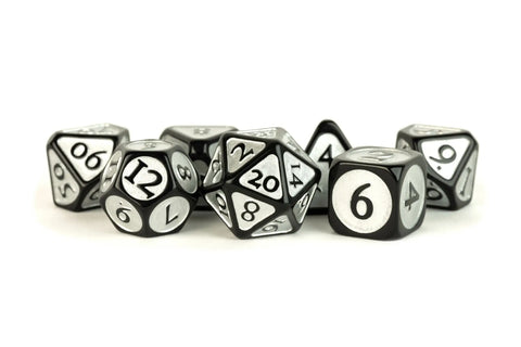 A ENAMEL ACRYLIC 7 DICE SET BLACK WITH/ SILVER 16MM priced at $20.99 available from Echelon Hobbies