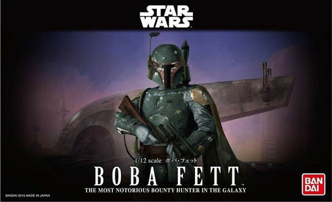 A Bandai Star Wars Character Line 1/12 Boba Fett Model Kit priced at $47.99 available from Echelon Hobbies