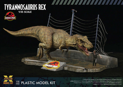 A X-Plus 1/35 Jurassic Park Tyrannosaurus rex Plastic model kit priced at $92.49 available from Echelon Hobbies