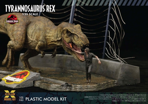 A X-Plus 1/35 Jurassic Park Tyrannosaurus rex Plastic model kit priced at $92.49 available from Echelon Hobbies