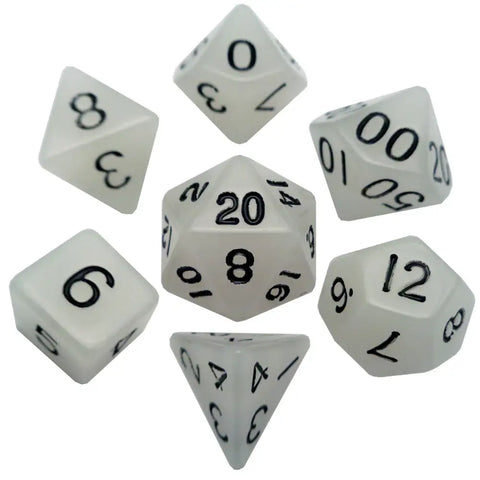 A ACRYLIC 7 DICE SET GLOW CLEAR 16MM priced at $10.99 available from Echelon Hobbies