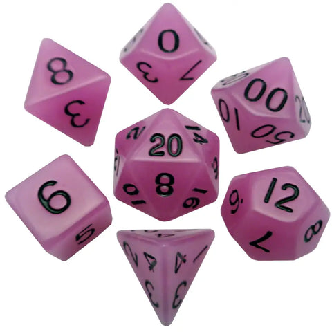 A ACRYLIC 7 DICE SET GLOW PURPLE 16MM priced at $10.99 available from Echelon Hobbies