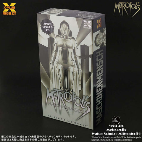 A X-Plus Metropolis Maschinenmensch Silver Screen Edition priced at $89.99 available from Echelon Hobbies