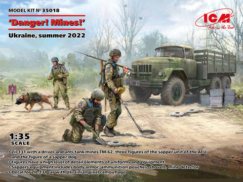 A ICM 1/35 ''Danger! Mines!' Ukraine, Summer 2022, Figures & Truck model kit priced at $81.99 available from Echelon Hobbies