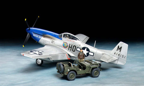 A Tamiya US NA P-51D MUSTANG & 1/4 4X4 Light Vehicle priced at $51.99 available from Echelon Hobbies