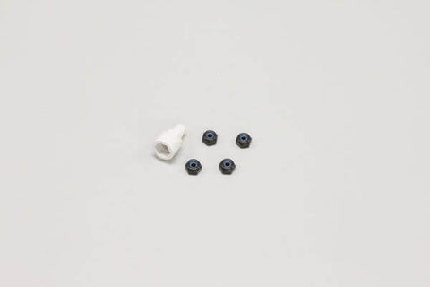 A Kyosho Mini-Z Black Nylon Wheel Nut 4 pack priced at $8.99 available from Echelon Hobbies