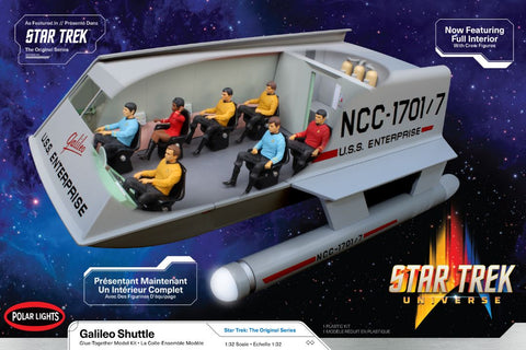 A Polar Lights Star Trek 1/32 Galileo Shuttle w/Interior priced at $98.99 available from Echelon Hobbies